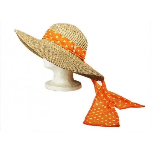 Wide Brim Hat w/ Polka Dot Chiffon Ribbon - Orange -HT-SHT2412OG